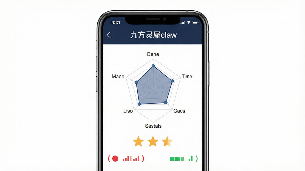 一张展示九方灵犀claw个股诊断功能的图片,画面中央是一部手机,屏幕上显示一只股票的诊断报告页面,包含雷达图、评分星级和红绿信号标识,页面顶部有“九方灵犀claw”字样,背景为纯白色,风格干净商务,画质高清,细节清晰,无多余元素