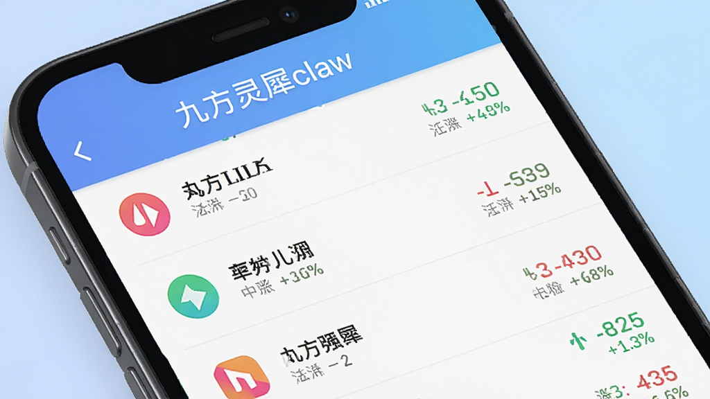 一张展示九方灵犀claw自选股管理界面的图片,手机屏幕内显示股票列表,每只股票前面有彩色图标和涨跌幅数字,顶部有“九方灵犀claw”标识,背景为淡蓝色渐变,风格简约现代,画质清晰,无多余元素