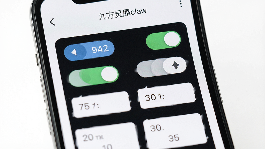 一张展示九方灵犀claw预警设置页面的图片,手机屏幕内显示多个开关按钮和数值输入框,顶部有“九方灵犀claw”文字,背景为白色,风格极简,画质高清,干净无多余元素
