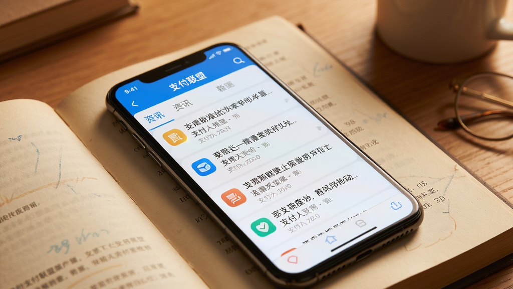 手机屏幕显示支付人联盟应用内资讯列表页面,文章标题清晰排列,配有小图标,手机斜放在一本打开的书本上,背景为暖色调桌面,风格为温馨学习场景风,细节包括纸张纹理与屏幕亮度,画面简洁,高清画质,无多余元素。