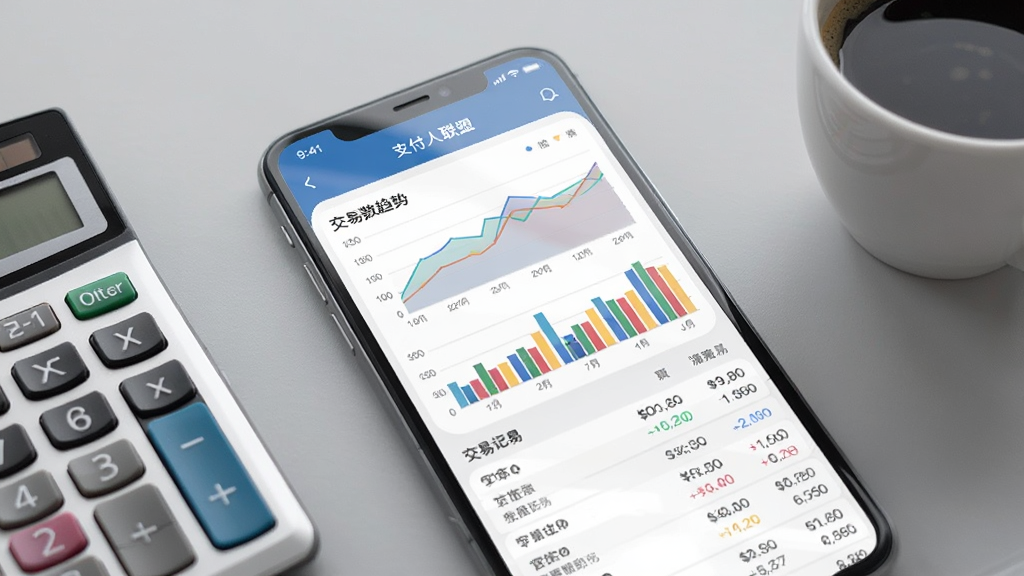 手机屏幕显示支付人联盟应用内交易数据统计页面,包含折线图与柱状图展示交易趋势,下方有详细交易记录列表,手机旁放置一个计算器与一杯咖啡,背景为浅灰色桌面,风格为写实生活场景风,细节包括屏幕反光与图表颜色层次,画面干净整洁,高清画质。