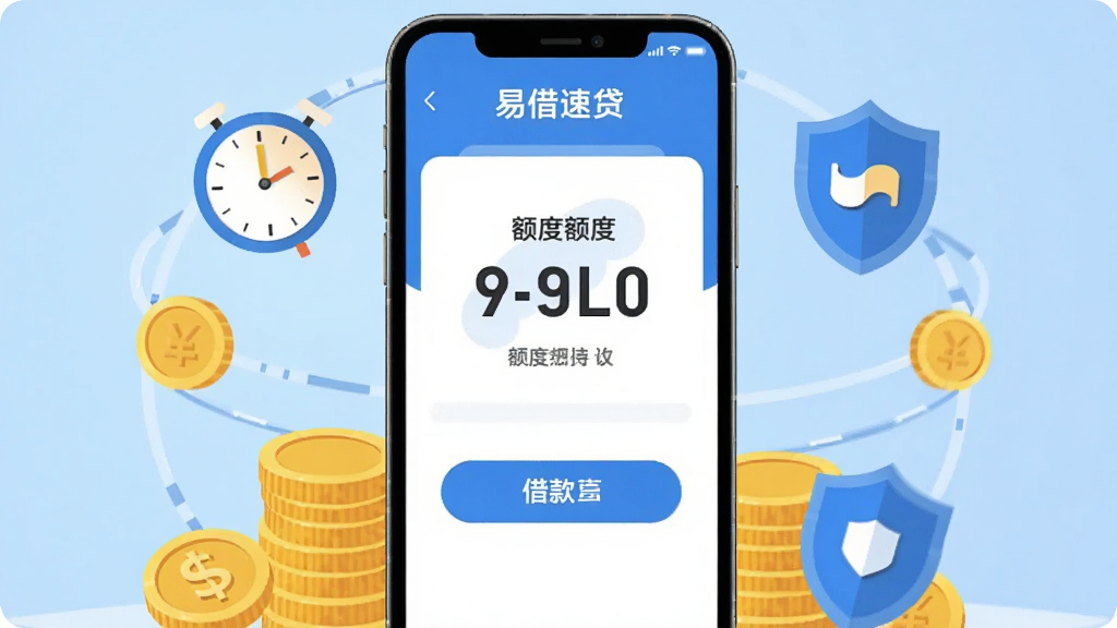 画面中央放置一部智能手机,手机屏幕上显示“易借速贷”应用主界面,界面中有醒目的额度显示与借款按钮,手机周围环绕着金币、时钟与盾牌图标,背景为浅蓝色渐变,整体采用扁平化科技插画风格,细节清晰,画质干净明亮,无多余元素