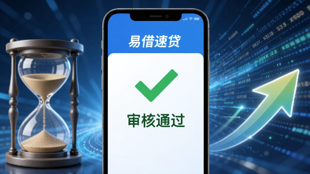 画面主体为“易借速贷”的审核通过界面,屏幕上显示绿色对勾与“审核通过”字样,背景采用动态光效与数据流线条,左侧放置一个沙漏,右侧放置一个加速箭头,整体风格简洁现代,画质清晰,干净无杂乱元素