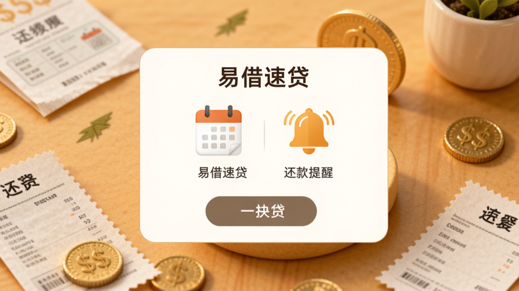 画面展示“易借速贷”的还款提醒弹窗,弹窗内有日历图标与铃铛图标,背景为暖色调,周围散落着账单与硬币元素,整体风格温馨实用,画质细腻,构图干净整洁