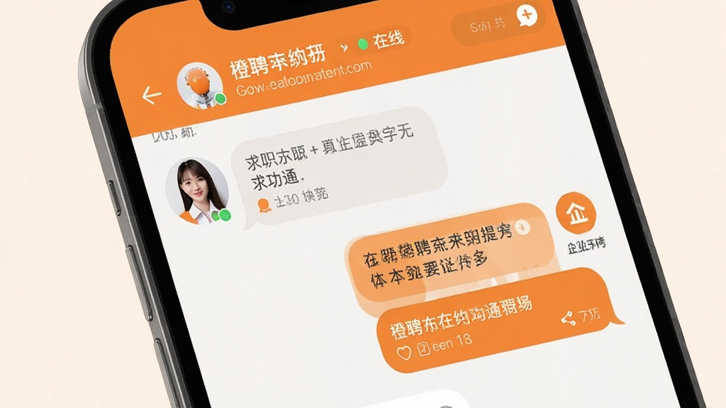 橙聘在线沟通功能界面,手机屏幕显示聊天对话框,左侧为求职者头像与消息气泡,右侧为企业招聘方回复内容,顶部显示企业名称与在线状态,界面配色清爽,橙色点缀其中,背景为浅色,风格写实,画质干净,突出即时通讯场景