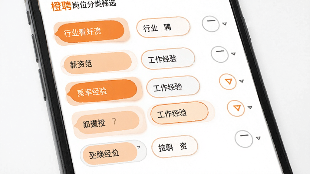 橙聘岗位分类筛选页面,手机屏幕展示多个筛选标签,包括行业、薪资范围、工作经验等选项,界面布局整齐,橙色高亮选中状态,背景干净,风格扁平化,细节清晰,画质锐利,无杂乱元素