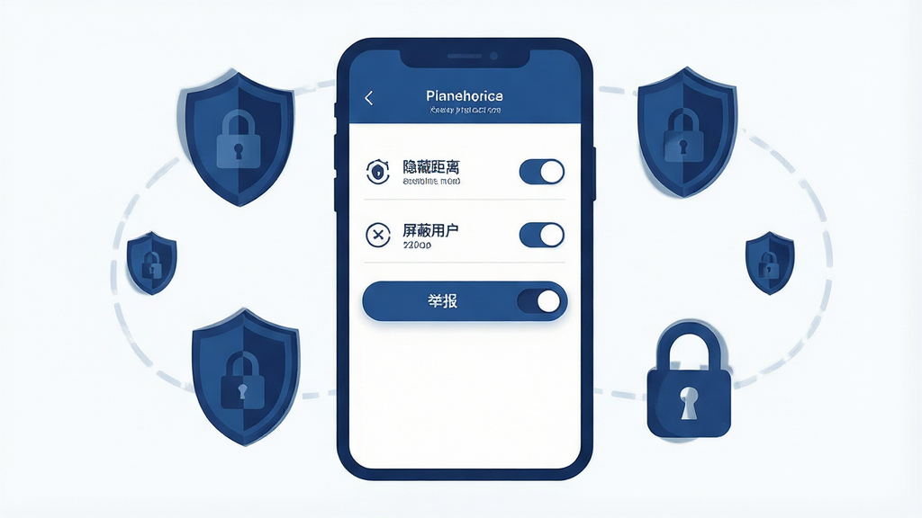 一张展示隐私安全设置界面的示意图,画面中央是手机屏幕显示安全设置选项列表,包含隐藏距离、屏蔽用户、举报按钮等条目,屏幕周围环绕着盾牌图标和锁定符号,布局采用手机居中、安全元素点缀,风格为稳重的扁平化插画,细节包含深蓝色调、圆角开关按钮和简洁线条图标,画质清晰干净、无多余装饰。