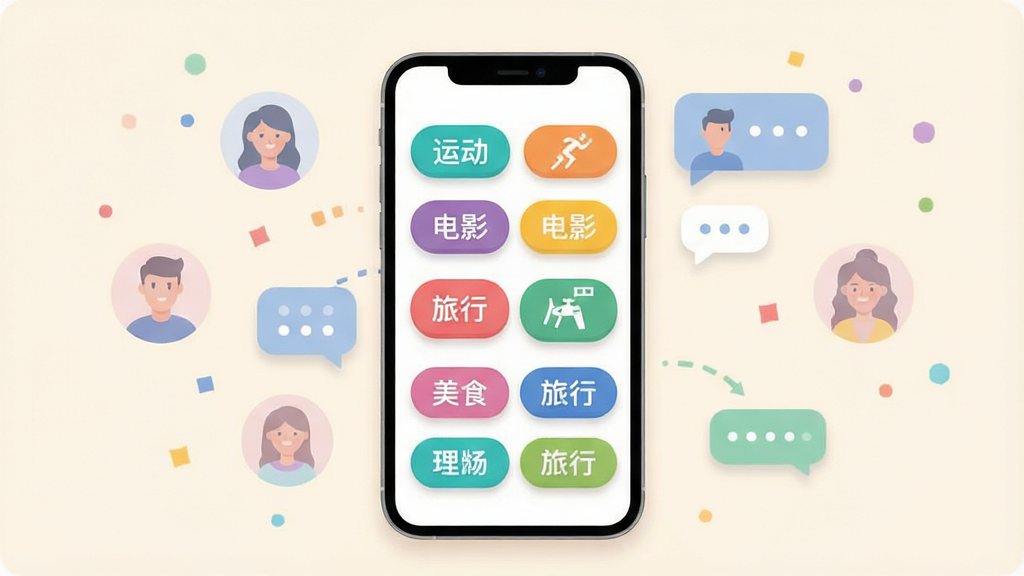 一张展示兴趣标签筛选功能的界面图,画面中央是手机屏幕显示多个彩色兴趣标签按钮,标签上写有运动、美食、电影、旅行等文字,手机旁边漂浮着几个半透明的用户头像和对话气泡,布局采用手机居中、标签环绕的散点构图,风格为清新明快的扁平插画,细节包含圆角标签、柔和阴影和浅色背景,画质清晰干净、无多余元素。