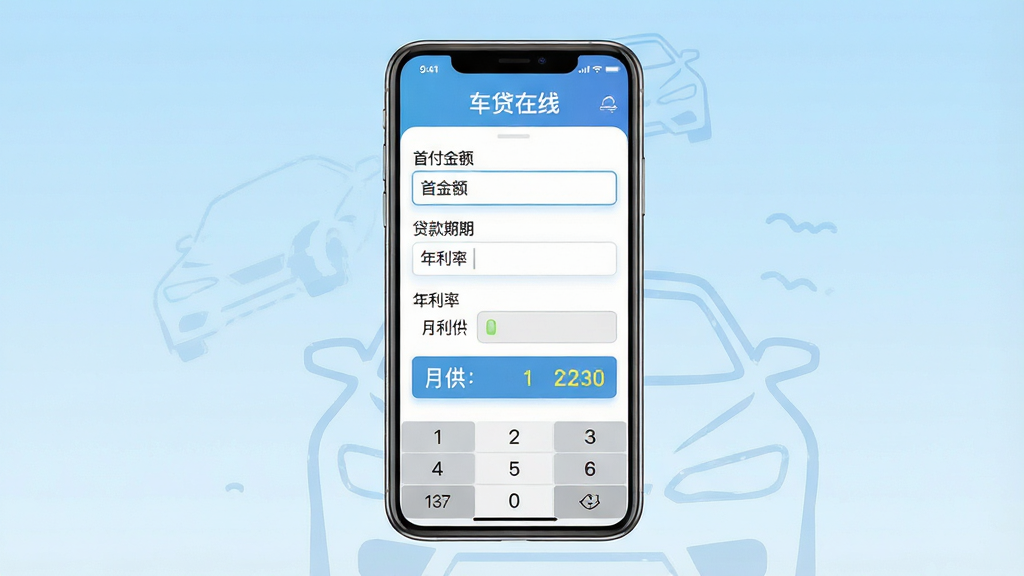 一张手机应用界面展示图,画面中央是一部智能手机,手机屏幕上显示“车贷在线”软件的贷款计算器界面,包含首付金额、贷款期限、年利率等输入框和月供结果展示区域。背景为浅蓝色渐变,布局简洁清晰,风格为现代扁平化UI设计,细节包括数字键盘图标、汽车轮廓装饰元素,画质高清,干净,无多余元素