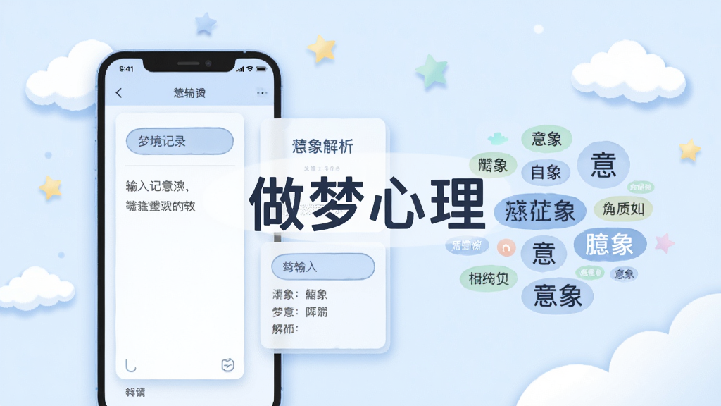 软件名称“做梦心理”出现在画面中央,主体为手机屏幕展示梦境记录输入框与解析卡片,布局为左右分栏,左侧是文字输入区域,右侧是意象标签云,排版整洁,风格为清新浅色插画,细节包含淡蓝色背景、云朵与星星点缀、柔和阴影,画质干净清晰,无多余元素