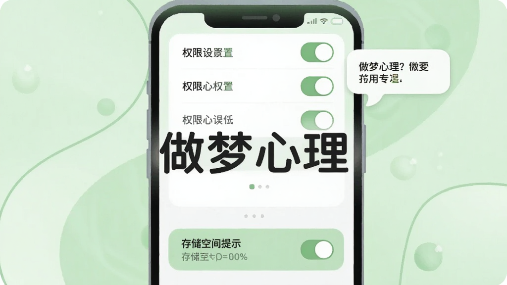 软件名称“做梦心理”显示在画面中央,主体为手机屏幕展示设置界面与权限开关,布局为上下结构,上方是权限列表,下方是存储空间提示条,排版简洁,风格为柔和圆角插画,细节包含浅绿色背景、圆角开关按钮、提示气泡,画质清晰干净,无多余元素