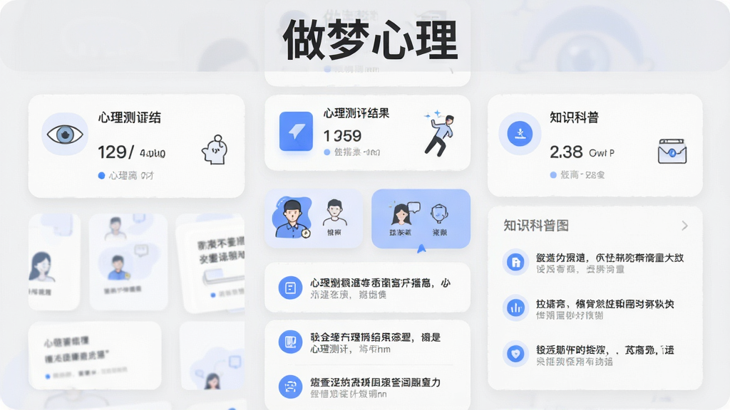 软件名称“做梦心理”以标题形式出现在顶部,主体为多个心理测评结果卡片与知识科普列表,布局为纵向流式排列,排版清晰,风格为简约商务插画,细节包含灰白底色、蓝色强调色、圆角矩形卡片、简洁图标,画质干净,无多余元素