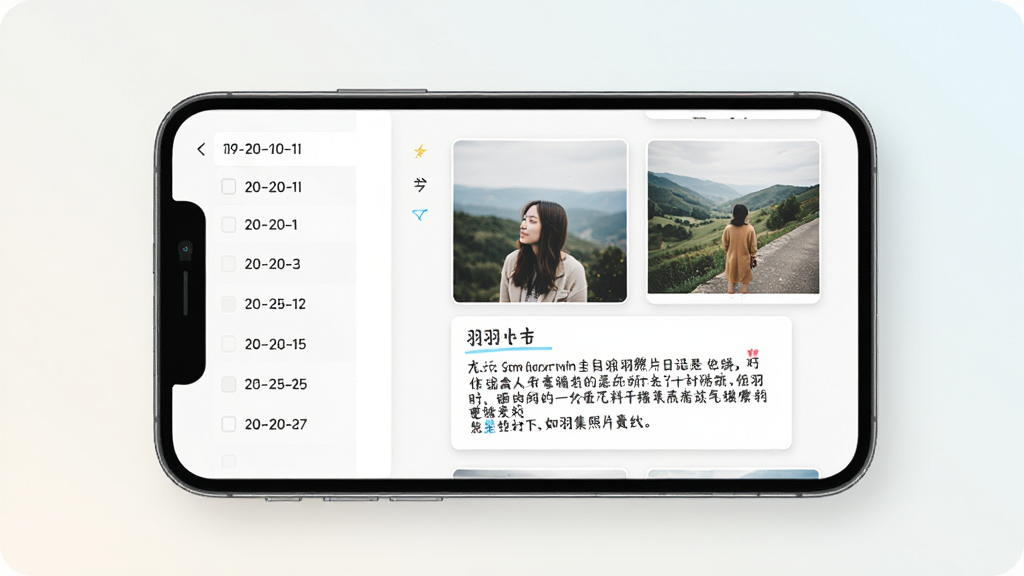 一张展示片羽集照片日记软件核心界面的预览图,画面中央是手机屏幕,屏幕内显示着图文混排的日记页面,左侧是日期列表,右侧是照片与文字卡片,整体布局干净整洁,风格清新简约,细节上体现照片缩略图与文字区块的层次感,画质高清,背景为柔和浅色,无多余元素