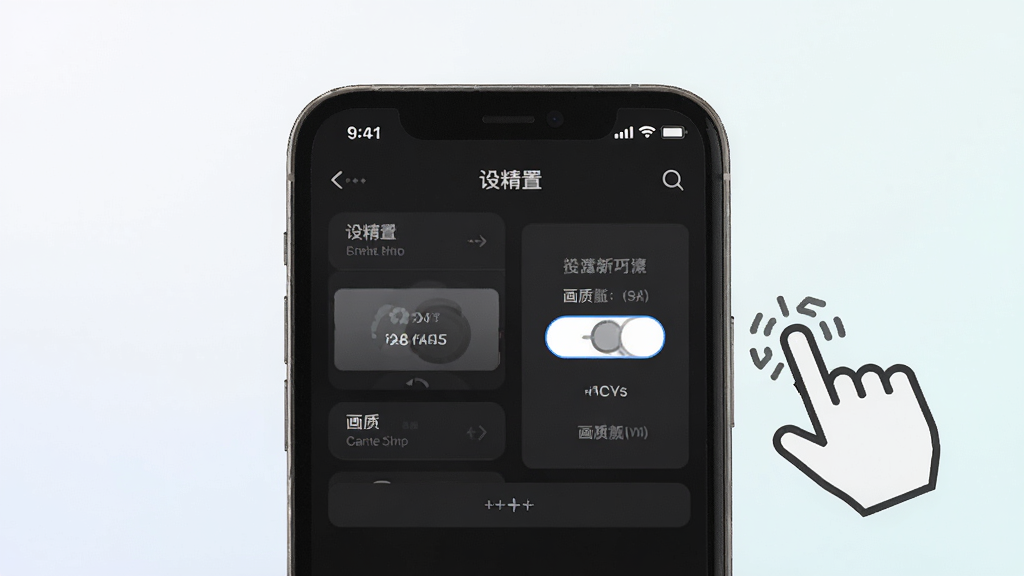 街景精选使用技巧示意图,画面中手机屏幕显示设置菜单和画质切换选项,旁边有手指点击的图标,背景为浅色渐变,布局为上下结构,风格简洁明了,细节清晰,画质高清,干净无多余元素