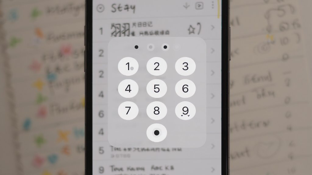 片羽集照片日记软件隐私密码锁功能展示图,画面为手机屏幕中央弹出四位数字密码输入界面,背景为模糊的日记列表,界面风格简约,数字键盘清晰,细节上密码圆点有输入反馈,画质高清,整体色调柔和,无多余元素