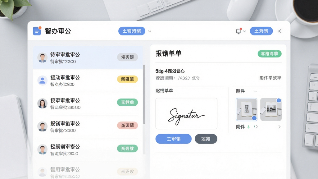 画面主体为智办公应用内的审批流程界面,左侧显示待审批列表,右侧展开一张报销单详情页,页面中有签名区域与附件缩略图,背景为柔和浅灰办公桌面,布局为左右分栏,风格为清爽商务扁平风,细节上按钮带圆角、状态标签用不同颜色区分,画质为高清、干净、无多余元素