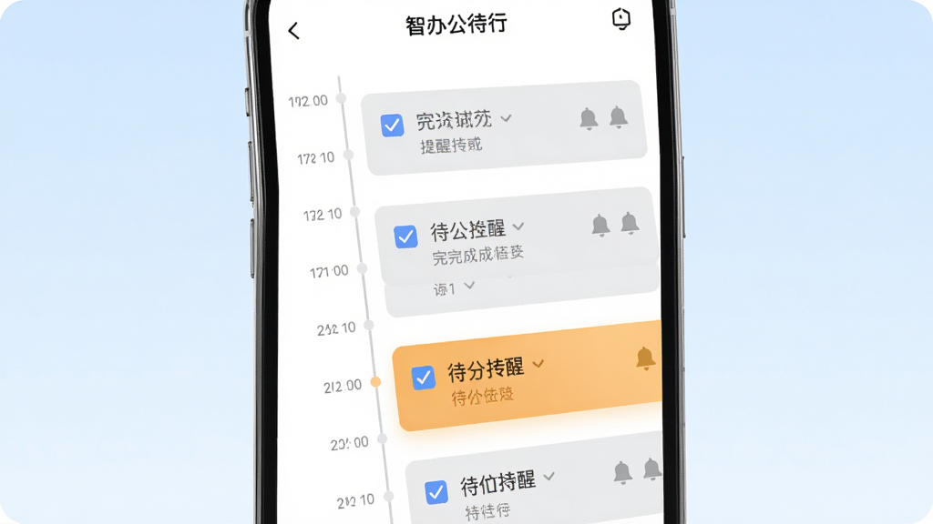 画面中心为智办公待办日程界面,手机屏幕上显示时间轴与任务卡片,卡片带有勾选框和提醒铃铛图标,背景为淡蓝色渐变,布局为垂直时间线,风格为轻盈简约风,细节上已完成任务呈浅灰色、待办任务高亮显示,画质为高清、干净、无多余元素