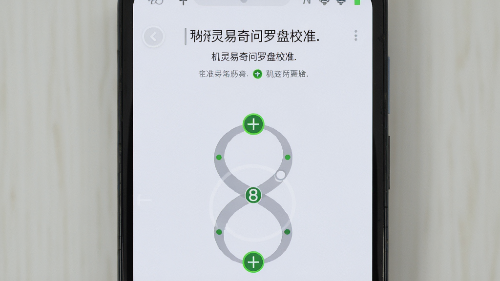 一部安卓手机显示机灵易奇问罗盘的校准提示界面,画面主体为手机与“8”字形校准轨迹,布局为居中构图,排版上方为文字提示下方为手机屏幕,风格简洁明快,细节包括绿色校准图标、文字说明、手机边框,画质清晰,画面干净,无多余元素。