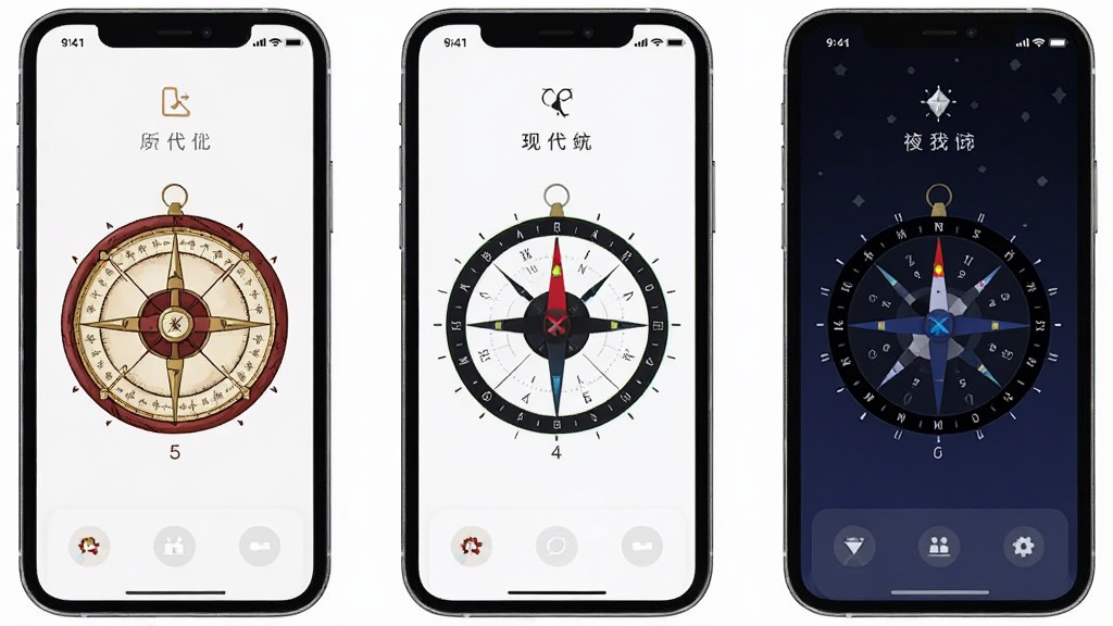 一部手机展示机灵易奇问罗盘的多款罗盘皮肤切换界面,画面主体为三台并排的手机,布局为横向排列,排版每台手机显示不同风格的罗盘盘面,风格清新简约,细节包括传统盘面、现代盘面、夜间盘面,画质高清,画面干净,无多余元素。