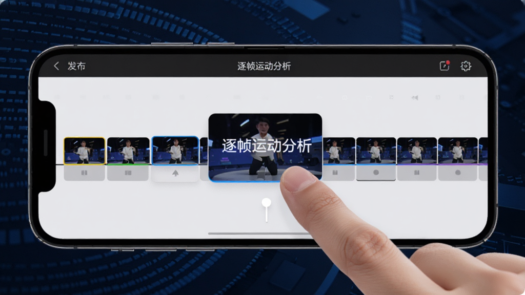 一部手机横向放置,屏幕中显示逐帧运动分析软件的时间轴界面,时间轴上排列着连续的小帧缩略图,一根手指正在点击其中某一帧,被点击的帧被放大显示在屏幕中央,画面中有
