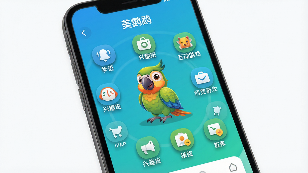 软件主界面全貌预览图。主体是一个智能手机屏幕,屏幕中显示“美鹦鹉”APP的首页界面,界面中心有一只可爱的卡通鹦鹉形象,周围环绕着各种功能图标如学语、兴趣班、互动游戏等。布局采用居中构图,手机微微倾斜展示立体感。排版清晰,功能图标排列整齐。风格为现代扁平化UI设计风格,色彩明快以蓝绿为主色调。细节上鹦鹉羽毛纹理细腻,图标带有微阴影效果。画质高清,画面干净,无多余元素。