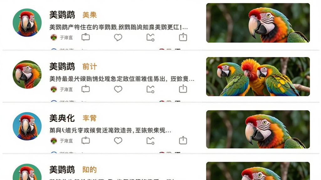 AI生成图片。主体是“美鹦鹉”APP的社区互动界面。布局为信息流列表,每条动态包含用户头像、文字内容和配图。排版采用垂直滚动式设计。风格为现代社交软件风格,色彩明快。细节上头像有圆形边框,动态卡片有分割线。画质清晰,画面干净,无多余元素。