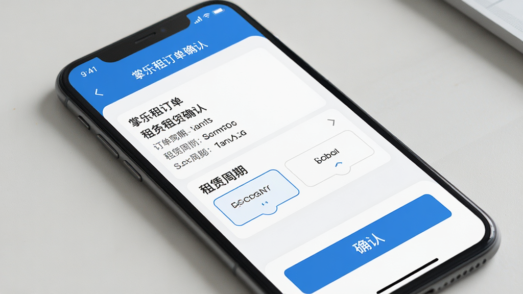 一张掌乐租订单确认页面的手机截图风格图片,手机屏幕显示订单详情、租赁周期选择和确认按钮,界面简洁,配色以蓝白为主,画质清晰,干净,无多余元素