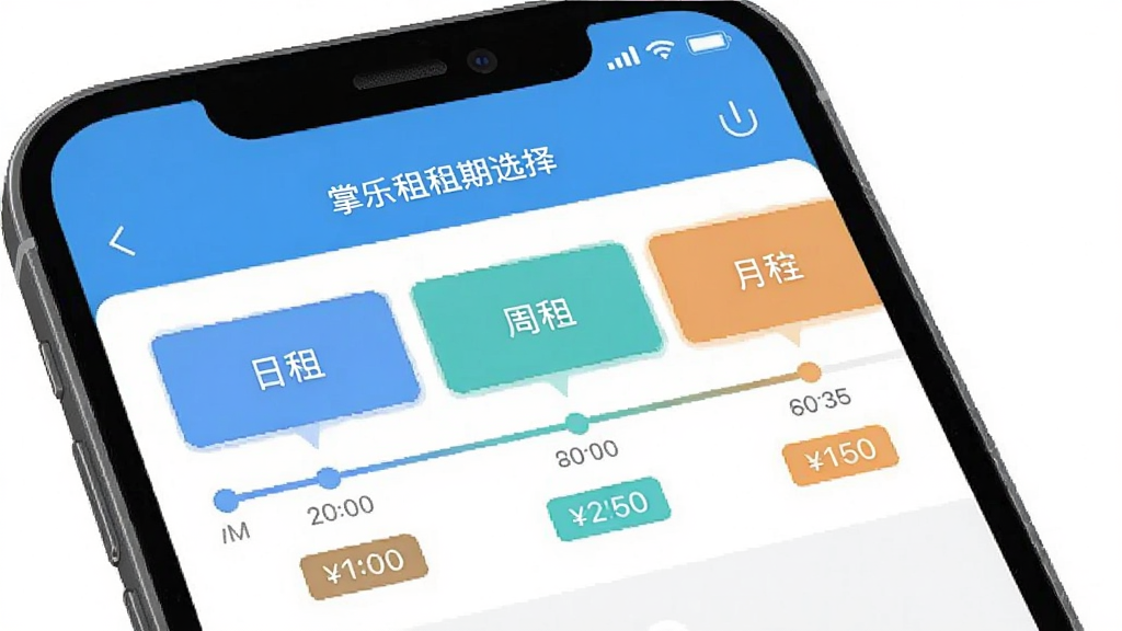 一张展示掌乐租租期选择界面的手机应用截图,手机屏幕上显示不同租期选项如日租、周租、月租,配有时间轴和价格标签,界面清爽,画质清晰,风格简约,无多余元素