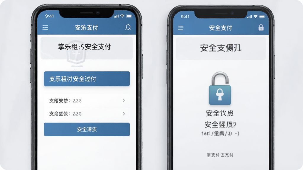 一张掌乐租安全支付页面的手机界面图,手机屏幕显示支付方式选择和安全锁图标,背景为淡灰色,风格商务简洁,细节清晰,画质干净,无多余元素