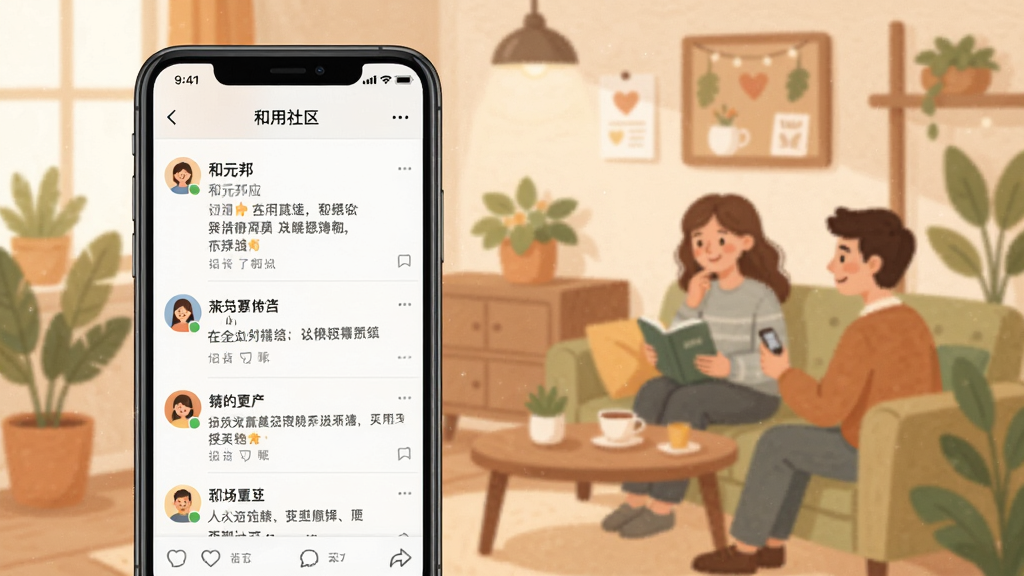 一张展示和元邦应用社区互动页面的场景图,画面中手机屏幕显示帖子列表和评论区域,背景是温馨的社区场景插画,风格亲切友好,细节清晰,画质高清,干净,无多余元素