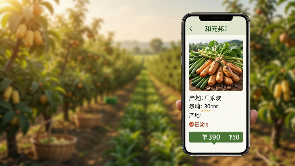 一张展示和元邦应用农产品详情页面的场景图,画面中手机屏幕显示商品图片、产地信息和价格标签,背景是农田或果园的虚化画面,整体色调温暖自然,风格写实,细节清晰,画质高清,干净,无多余元素