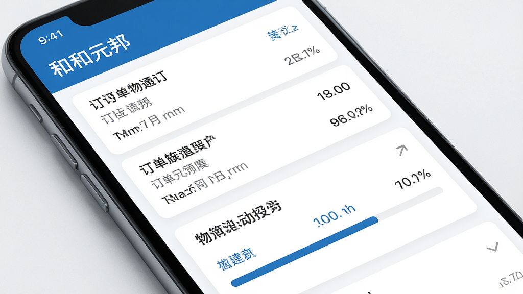 一张展示和元邦应用订单跟踪页面的界面图,画面中手机屏幕显示订单列表和物流进度条,配色以蓝色和白色为主,风格简洁商务,细节清晰,画质高清,干净,无多余元素