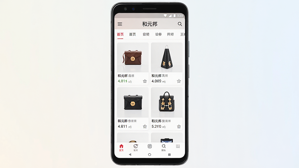 一张展示和元邦应用的手机界面场景图,画面中央是一部竖屏安卓手机,屏幕上显示和元邦APP的主页界面,包含商品列表、导航栏和底部菜单,背景是干净的浅色渐变,整体风格简洁明快,细节清晰,画质高清,干净,无多余元素