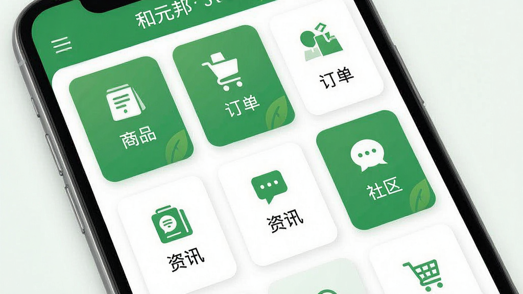 一张展示和元邦应用功能模块的界面截图风格图,画面中手机屏幕显示多个功能卡片整齐排列,包含商品、订单、资讯、社区等图标,配色以绿色和白色为主,风格清新自然,细节清晰,画质高清,干净,无多余元素