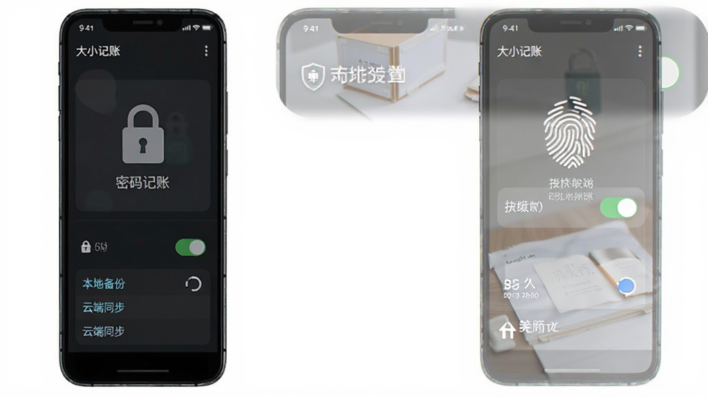 大小记账 安卓版 安全设置界面预览图,手机屏幕显示密码锁与指纹解锁开关,下方有本地备份与云端同步选项,界面采用深色模式,风格沉稳商务,画质干净,无多余元素