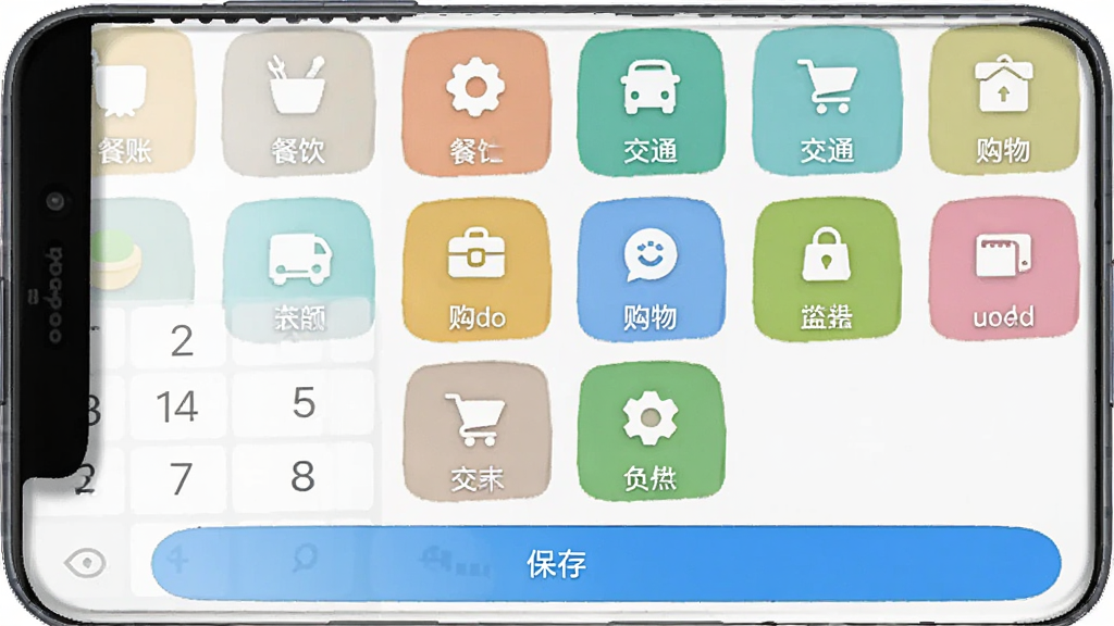 大小记账 安卓版 快速记账界面预览图,手机屏幕显示数字键盘与分类图标网格,分类包括餐饮、交通、购物等,界面底部有保存按钮,风格简洁明快,画质清晰,无多余元素