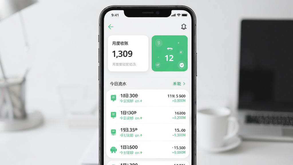 大小记账 安卓版 主界面预览图,画面中央是一部手机,屏幕显示简洁的记账首页,顶部有月度收支汇总卡片,下方是今日流水列表,整体采用浅色背景与绿色点缀,风格清新商务,细节清晰,画质干净,无多余元素