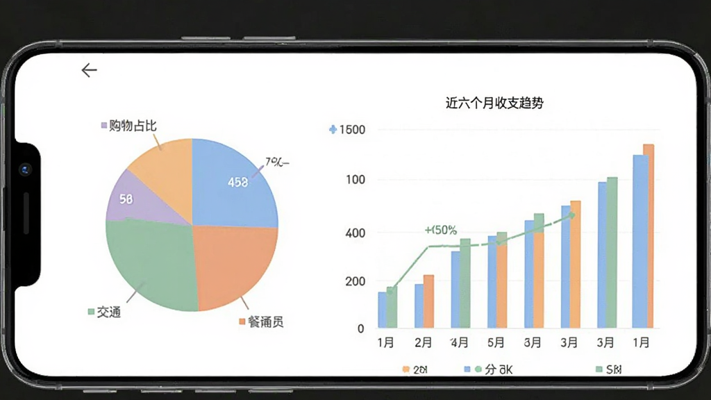 大小记账 安卓版 报表统计界面预览图,手机屏幕显示饼图与柱状图组合,饼图展示餐饮、交通、购物占比,柱状图展示近六个月收支趋势,界面配色柔和,画质清晰,无多余元素