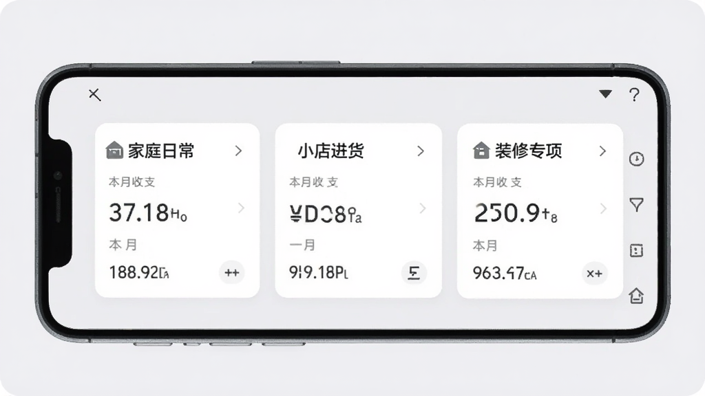 大小记账 安卓版 多账本切换界面预览图,手机屏幕显示三个账本卡片,分别标注家庭日常、小店进货、装修专项,卡片上有本月收支金额,背景为柔和浅灰色,风格素雅极简,画质干净,无多余元素