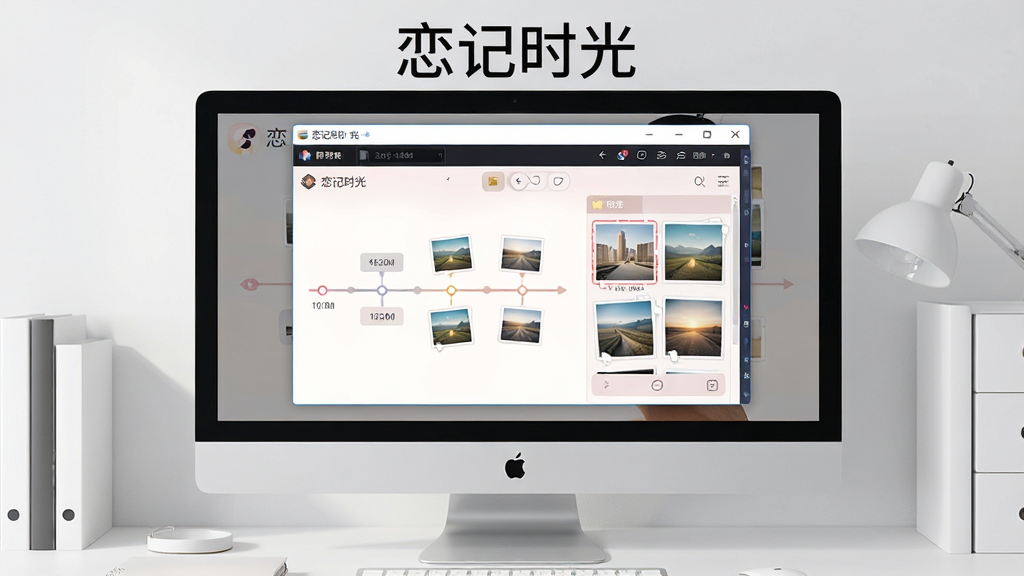 恋记时光 电脑端模拟器运行界面展示,画面中央电脑屏幕,屏幕内显示安卓模拟器窗口,窗口中运行着恋记时光软件界面,界面内有时间轴和相册模块,屏幕上方有