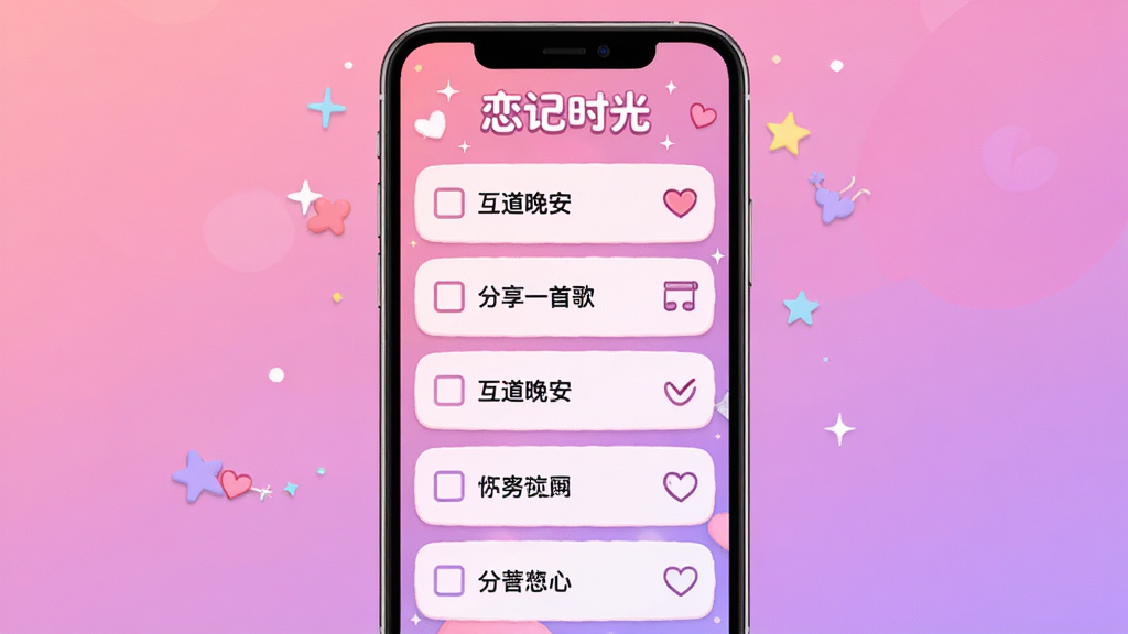 恋记时光 情侣互动任务功能展示,画面中央手机屏幕显示任务列表界面,列表中有