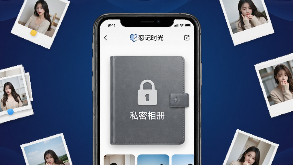 恋记时光 私密相册加密功能展示,画面中央手机屏幕显示相册界面,相册封面上有锁形图标和