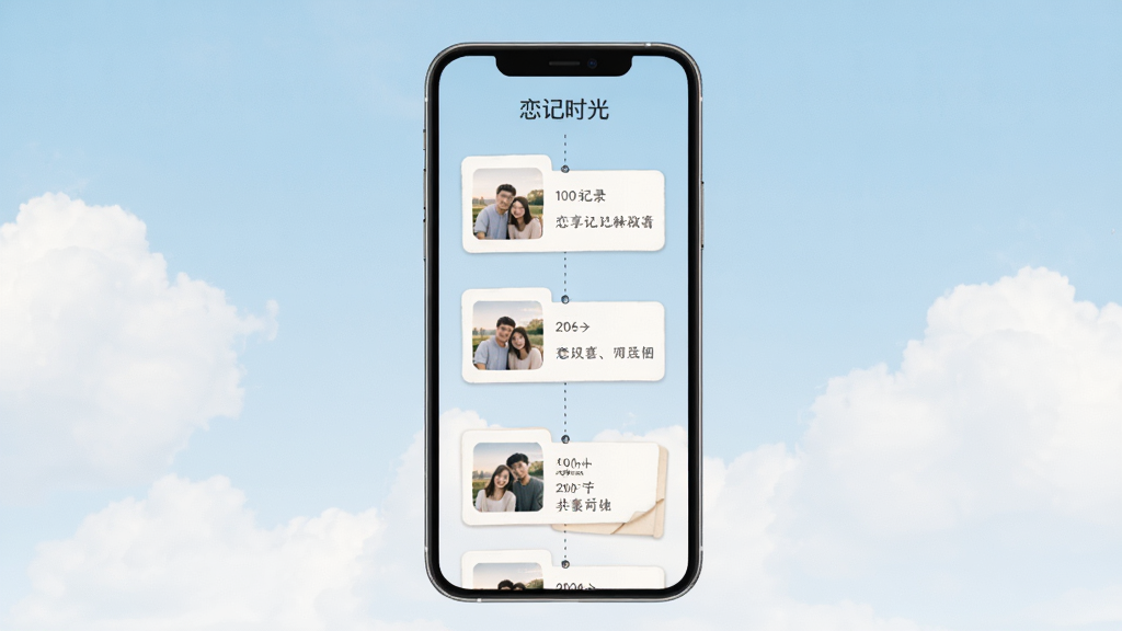 恋记时光 共享时间轴功能展示,画面中央一部手机,屏幕内显示按时间排列的情侣记录卡片,每张卡片包含小照片和文字,卡片之间有虚线连接,屏幕顶部显示