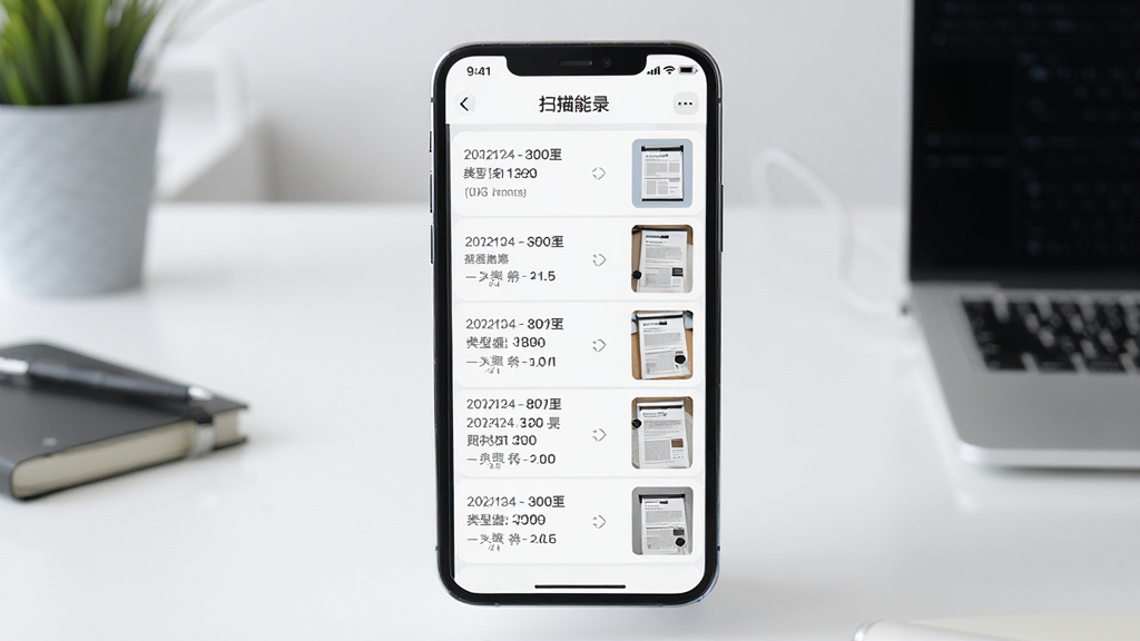 主体是一部手机显示扫描测量万能王的历史记录列表,列表中包含多条测量数据和扫描文档缩略图,布局为手机居中,背景为简洁的办公桌面,排版采用列表式布局,风格为清爽极简风,细节上每条记录有日期、类型和数值,画质高清,干净,无多余元素