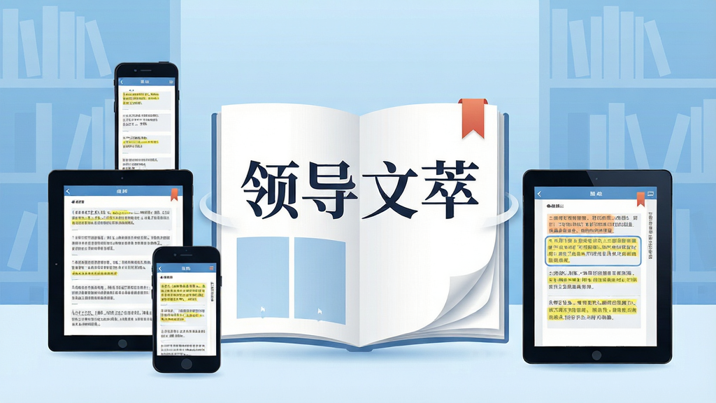 画面中央是一本展开的电子杂志,封面印有“领导文萃”四个大字,周围环绕着手机、平板等移动设备,设备屏幕上显示文章列表和阅读界面,背景是淡雅的蓝色渐变与书架剪影,布局采用居中对称排版,风格为扁平化商务插画,细节包括翻页动画效果、高亮标注的文字段落、书签图标,画质清晰,干净整洁,无多余元素
