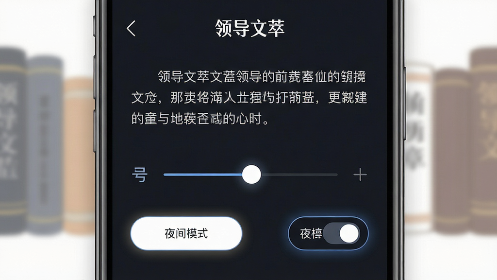 画面展示一部智能手机屏幕,屏幕中显示“领导文萃”文章阅读界面,界面中有字号调节滑块和夜间模式切换按钮,背景为深色护眼色调,布局采用居中特写,风格为极简UI展示图,细节包括文字清晰锐利、按钮有微光效果、周围有虚化的书籍轮廓,画质清晰,干净整洁,无多余元素