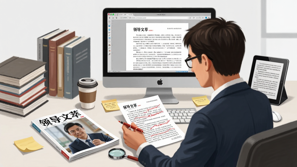 画面主体为一位编辑坐在办公桌前审阅稿件,桌上摆放着标有“领导文萃”的杂志样刊和电脑屏幕显示文章排版界面,布局采用三分法构图,左侧是堆叠的书籍,右侧是数字阅读设备,风格为写实商务插画,细节包括红笔批注、放大镜、咖啡杯、便签纸,画质高清,干净整洁,无多余元素