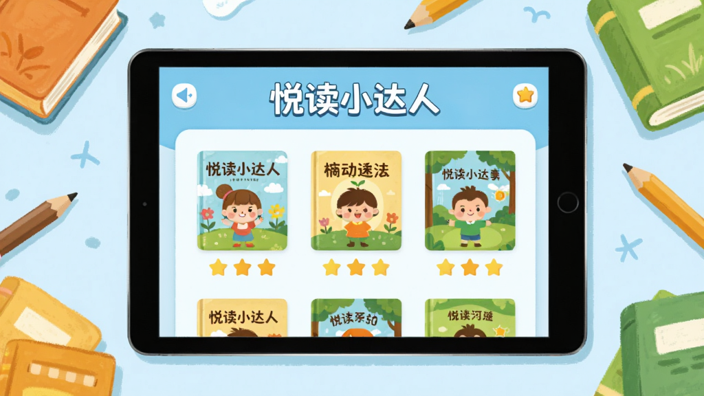 画面中央摆放一台横向平板电脑,屏幕内展示儿童阅读应用界面,界面上方有“悦读小达人”文字标识,界面中分布卡通绘本封面和进度星星图标,周围环绕彩色书本与铅笔元素,整体采用明快温馨的插画风格,配色以浅蓝、橙黄和草绿为主,细节干净,画质清晰,无多余杂元素