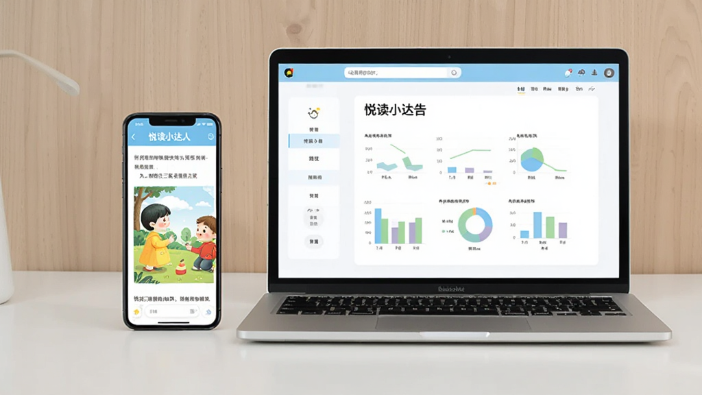 一部智能手机和一台笔记本电脑并排放在桌面上,两块屏幕同时展示“悦读小达人”应用界面,手机屏幕显示绘本阅读页,电脑屏幕显示阅读报告图表,桌面整洁,背景为浅色木纹,风格简约清新,画质清晰,无多余物品