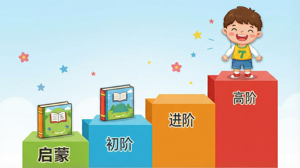 一张儿童阅读成长阶梯示意图,画面中四个彩色台阶由低到高排列,台阶上分别标注“启蒙”“初阶”“进阶”“高阶”文字,每个台阶旁放置对应难度的卡通书本,台阶顶端站立一个微笑的卡通儿童形象,背景为淡蓝色渐变天空,风格简洁明亮,画质清晰,无多余元素